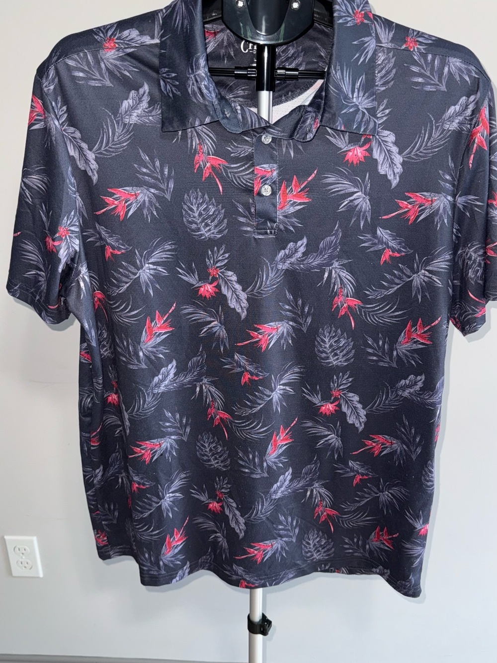 Chaps Black Polo with Gray Tropical Print and Red Floral Accents